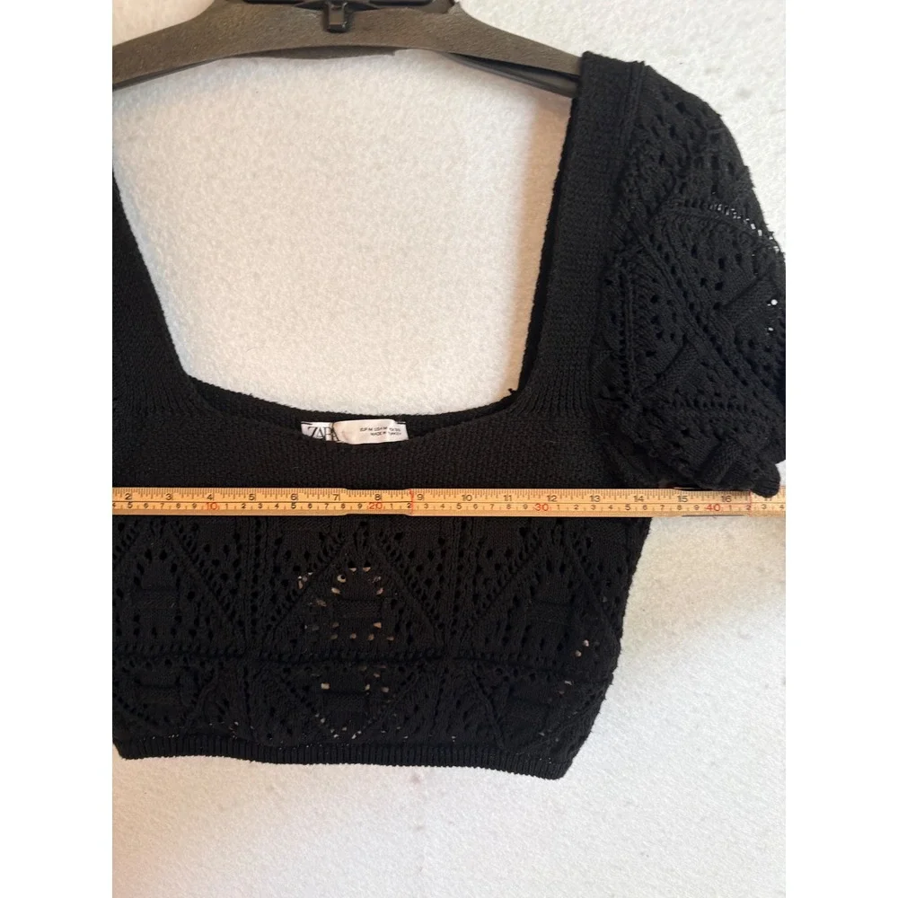 Zara Black Pointelle Knit Crop Top Square Neck Short Puff‎ Sleeve NWT Size M